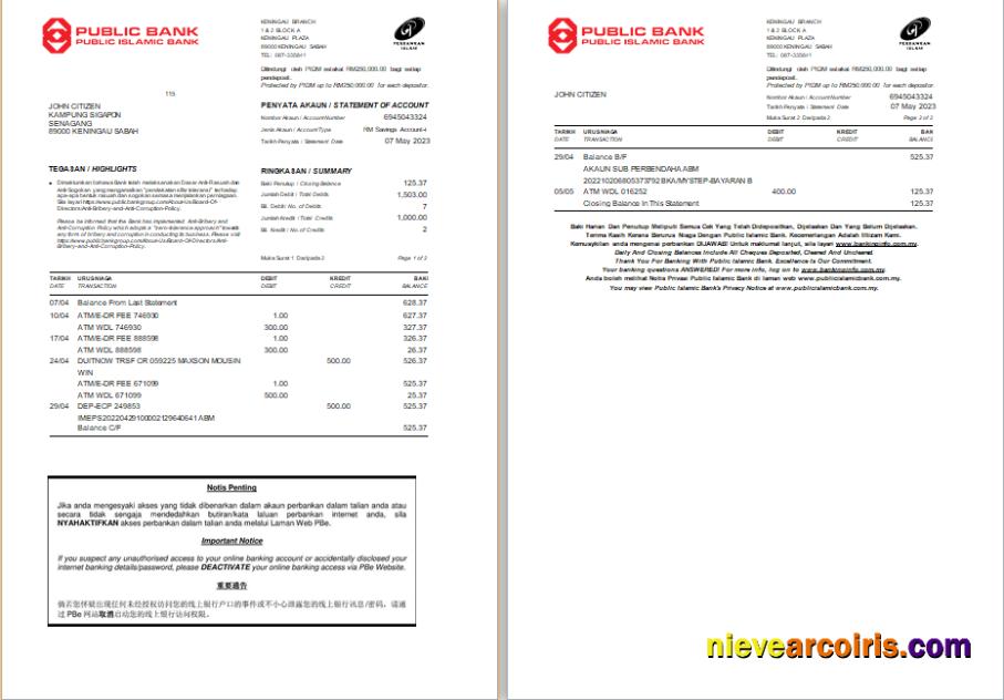 Malaysia Public Islamic Bank statement Word and PDF, 2 pages